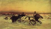 unknow artist Oil undated a Wintertroika in the gallop in sunset France oil painting reproduction